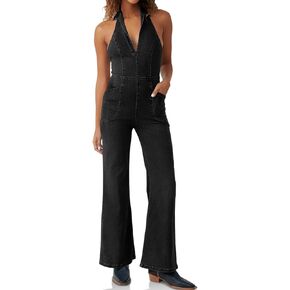 PLNOTME Womens Sleeveless Denim Jumpsuits Cute Halter V Neck Lapel Backless Wide Leg Flare Jeans Long Pants Rompers
