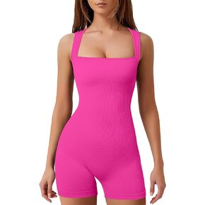 Women's Workout Seamless Romper Yoga Ribbed Bodycon One Piece Square Neck Shorts Jumpsuit