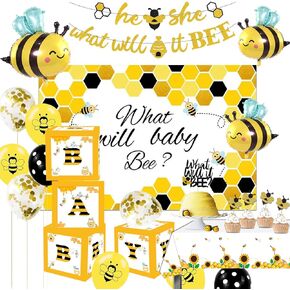 ديكورات الحفلات من What Will It Bee Gender Reveal، تتضمن لوازم استحمام الطفل بامبل بي لافتة ومفرش طاولة وخلفية وبالونات وصناديق وغطاء علوي وديكورات الحفلات ذات طابع النحل العسلي