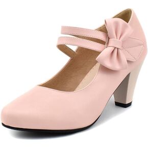 Cute Women's Mary Janes Block Chunky Heels Chic Ankle Strap Pumps Bow Closed Toe Comfort Shoes with Hook Loop