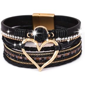 Boho Heart Bracelet Leather Wrap Bracelets Crystal Cuff Bracelet Stackable Trendy Jewelry for Women and Girls Gift