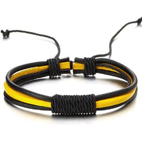 COOLSTEELANDBEYOND Mens Womens Yellow Black Braided Leather Cotton Bracelet Wristband Wrap Bracelet, Adjustable