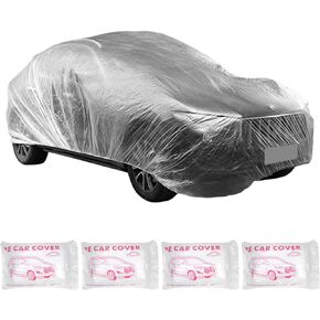 Disposable Plastic Car Covers, Clear Car Cover 4Packs 24.8'x15.7' Extra Large Universal Full Car Cover Waterproof Dustproof Car Protective Cover with Elastic Band for Auto Vehicle SUV Van Truck
