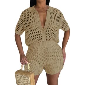Alunzoem Short Sets for Women 2 Piece Outfits Crochet Knit Hollow Out Short Sleeve Button Down Shirts Bodycon Shorts Set