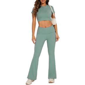 SEASUM Women 2 Piece Y2K Casual Workout Outfits Short Sleeve Crop Tops Fold over Yoga Pants Tracksuit Streetwear Lounge Sets