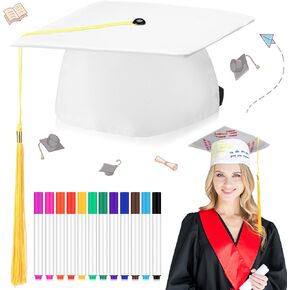 White Graduation Hats Autograph Grad Hat with Tassel and 10 Color Watercolor Pens Student Graduation Adjustable Hat for Men and Women for Graduation Ceremony Party Favors
