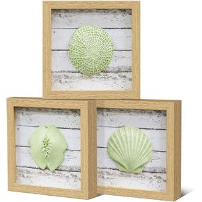 Framed 3D Beach Decor Wall Art - White Resinous Seashell, Seastar and Sand Dollar on Rustical Board for Beach House, Ocean Theme Coastal Bathroom Wall Decor 7.8" x 7.8" x 3 Panel in Kuwait