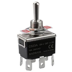Baomain Toggle Switch DPDT ON/Off/ON 3 Position 250VAC 15A 1/2" mounting Hole Tab Terminal 1/4" Width (1)