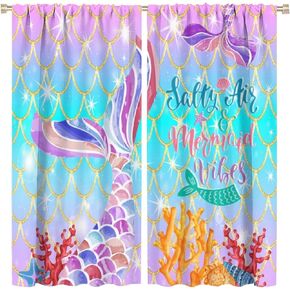 Colorful Mermaid Curtains for Baby Girls Home Party Decor Nature Ocean Fish Scale Seashell Starfish Rod Pocket Blackout Window Drapes for Kitchen Living Room Bedroom W21xL45in 2 Panels