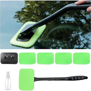 Car Windshield Cleaning Tool, Microfiber Window Cleaner Set with 4 Washable and Reusable Cloth Pad Head, Detachable & Unbreakable Handle and Spray Bottle, Universal Car Glass Cleaner Kit