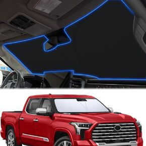 TOPINSTALL 2024 Upgraded Foldable Windshield Sun Shade Compatible with 2022 2023 2024 Toyota Tundra Accessories, 310T Thickened Front Window Sun Visor with Storage Pouch Blocks UV Rays and Heat