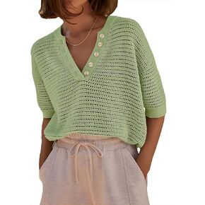 Imily Bela Womens Short Sleeve Summer Tops Casual Crochet V Neck Button Up Hollow Out Knit Sweater T Shirts