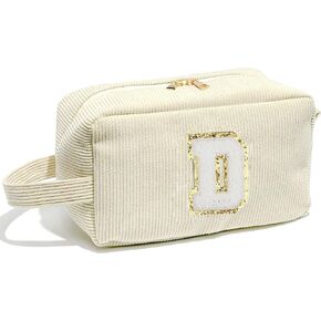 Veki Preppy Makeup Bag for Women, Personalized Initial Letter Cosmetic Bags with Zipper, Chenille Small Toiletry Patch Pouch, Cute Make up Bag Organizer for Teen Girls Birthday Gifts Teacher (Beige,V)