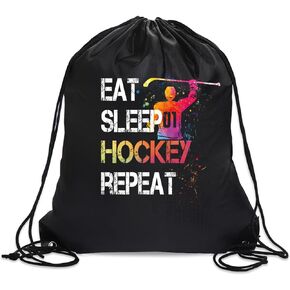 Eat Sleep Hockey Repeat Drawstring Backpack For Men Women, Waterproof Sport Sackpack For Hockey Lover Hockey Fan, Funny Birthday Christmas String Gym Bag Gifts For Her Him