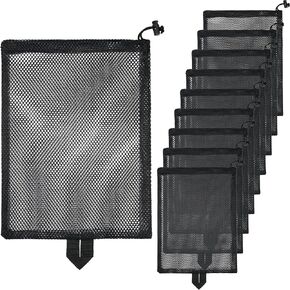10 Pcs Mesh Drawstring Bag 10.5" x 14" with Handle & Cord Lock Closure, Heavy Duty Durable Nylon Mesh Bag for Beach Toys Swimming Gym Laundry Travel Mushroom Foraging (Black)