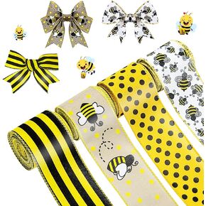Bee Ribbons 6 Rolls Bumble Bee Ribbon Wired Bees Crafts 2.5 Inch 40 Yards Spring Summer Ribbon Yellow Stripe Gingham Dot Honey Bee Ribbon for Wrapping Bows Gift DIY Crafts Sewing Ornaments