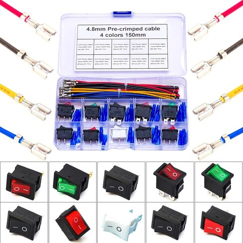 Rocker Toggle KCD1 Switch ON Off 2Pin/3Pin/4Pin 6A 250V 10A 125V with Insulating Sleeve, with 18AWG Pre-Crimped Wire 4.8mm Spade Crimp Terminal Block Assortment Kit (Rocker Switch) in Kuwait