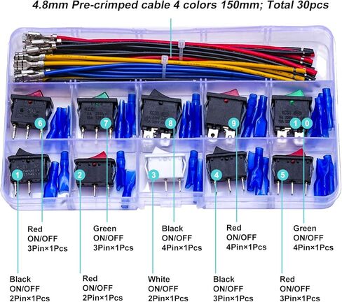 Rocker Toggle KCD1 Switch ON Off 2Pin/3Pin/4Pin 6A 250V 10A 125V with Insulating Sleeve, with 18AWG Pre-Crimped Wire 4.8mm Spade Crimp Terminal Block Assortment Kit (Rocker Switch) in Kuwait