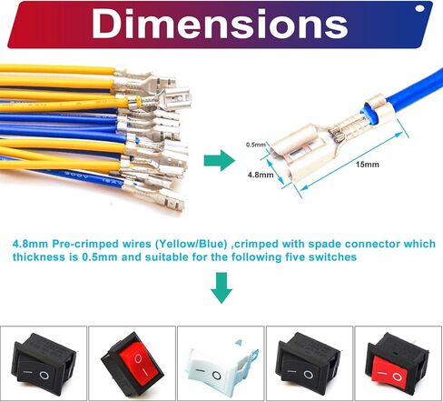 Rocker Toggle KCD1 Switch ON Off 2Pin/3Pin/4Pin 6A 250V 10A 125V with Insulating Sleeve, with 18AWG Pre-Crimped Wire 4.8mm Spade Crimp Terminal Block Assortment Kit (Rocker Switch) in Kuwait