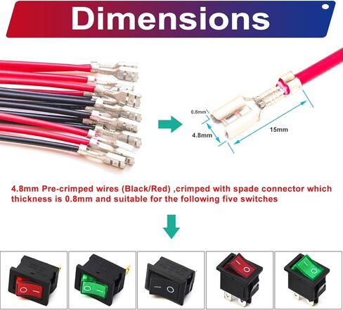 Rocker Toggle KCD1 Switch ON Off 2Pin/3Pin/4Pin 6A 250V 10A 125V with Insulating Sleeve, with 18AWG Pre-Crimped Wire 4.8mm Spade Crimp Terminal Block Assortment Kit (Rocker Switch) in Kuwait