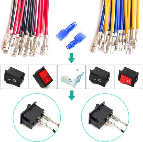 Rocker Toggle KCD1 Switch ON Off 2Pin/3Pin/4Pin 6A 250V 10A 125V with Insulating Sleeve, with 18AWG Pre-Crimped Wire 4.8mm Spade Crimp Terminal Block Assortment Kit (Rocker Switch) in Kuwait