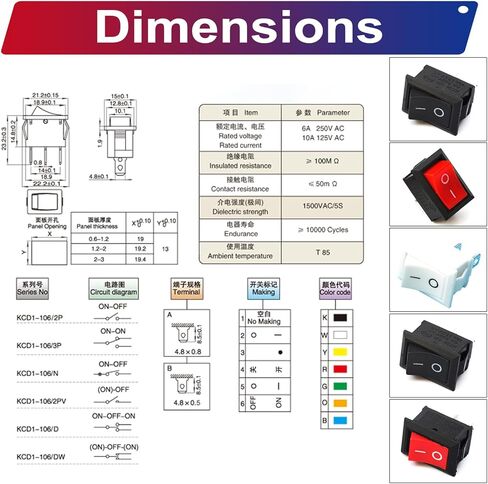 Rocker Toggle KCD1 Switch ON Off 2Pin/3Pin/4Pin 6A 250V 10A 125V with Insulating Sleeve, with 18AWG Pre-Crimped Wire 4.8mm Spade Crimp Terminal Block Assortment Kit (Rocker Switch) in Kuwait