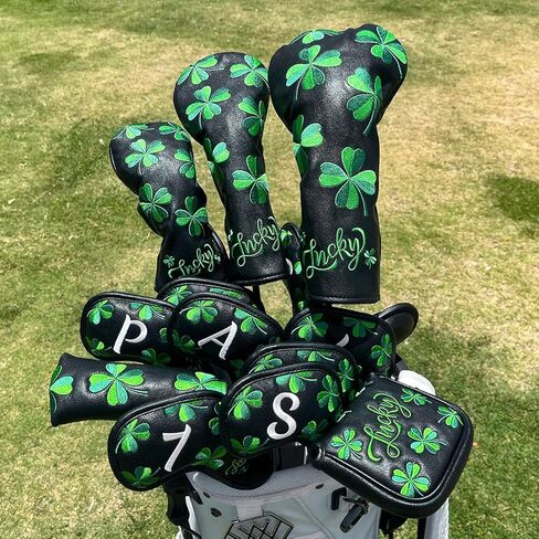 Golf Club Headcover Golf Lucky Clover Magnetic Closure Elegant Embroidery Premium Leather Driver Fairway Wood Hybrid Blade Mallet Putter Cover Wood Head Cover for Golf Wood Club Covers in Kuwait