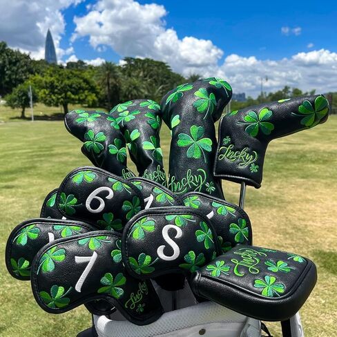 Golf Club Headcover Golf Lucky Clover Magnetic Closure Elegant Embroidery Premium Leather Driver Fairway Wood Hybrid Blade Mallet Putter Cover Wood Head Cover for Golf Wood Club Covers in Kuwait