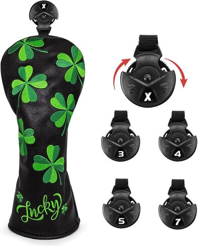 Golf Club Headcover Golf Lucky Clover Magnetic Closure Elegant Embroidery Premium Leather Driver Fairway Wood Hybrid Blade Mallet Putter Cover Wood Head Cover for Golf Wood Club Covers in Kuwait