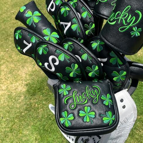 Golf Club Headcover Golf Lucky Clover Magnetic Closure Elegant Embroidery Premium Leather Driver Fairway Wood Hybrid Blade Mallet Putter Cover Wood Head Cover for Golf Wood Club Covers in Kuwait