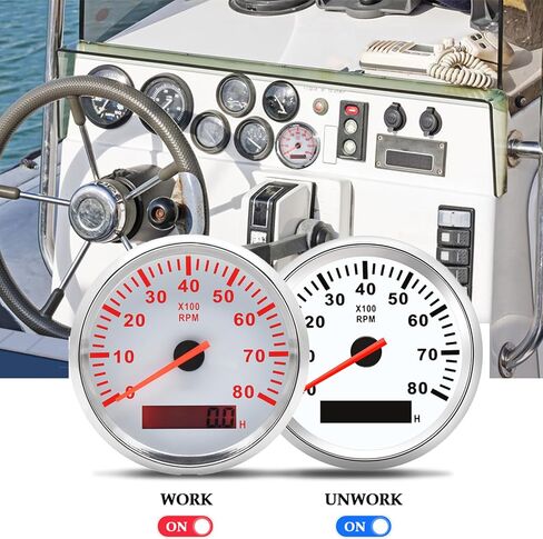 Geloo 85MM Boat RPM Tachometer Gauge Waterproof Outboard Tachometer Gauge 0-8000RPM Tacho Meter for Car Truck Marine Diesel Gasoline Engine RPM Tacho Gauge 9-32V with LCD Hourmeter Red Backlight in Kuwait