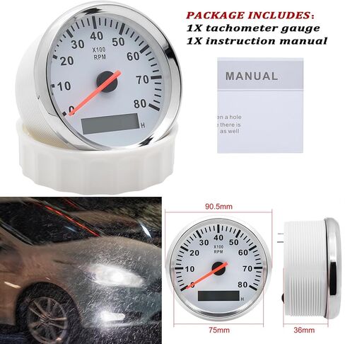 Geloo 85MM Boat RPM Tachometer Gauge Waterproof Outboard Tachometer Gauge 0-8000RPM Tacho Meter for Car Truck Marine Diesel Gasoline Engine RPM Tacho Gauge 9-32V with LCD Hourmeter Red Backlight in Kuwait