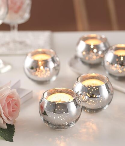 Silver Votive Candle Holder - Set of 12 Wedding Centerpieces for Table, Mercury Glass Tealight Candle Holders Bulk for Birthday |Party |Home Decoration in Saudi Arabia