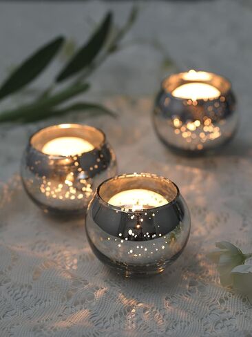 Silver Votive Candle Holder - Set of 12 Wedding Centerpieces for Table, Mercury Glass Tealight Candle Holders Bulk for Birthday |Party |Home Decoration in Saudi Arabia