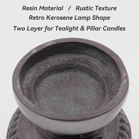 حامل شموع على شكل مصباح الكيروسين من الراتنج القديم باللون البني الداكن، ديكور طاولة مزرعة ريفية للشموع والشموع الصغيرة (6 بوصات) in Kuwait