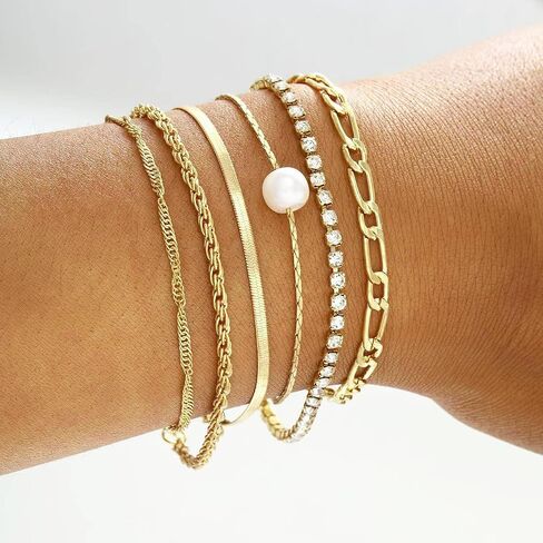 Gold Stack Bracelet Set for Women,Trendy 14k Gold Dainty Stackable Bracelets,Layered Paperclip Link Cuban Chain Bracelets,Jewelry Gifts for Teen Girls in Saudi Arabia