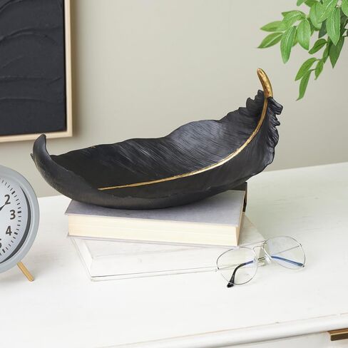 Deco 79 Resin Bird Feather Decorative Bowl with Gold Foil Accent, 13" x 7" x 8", Black in Saudi Arabia
