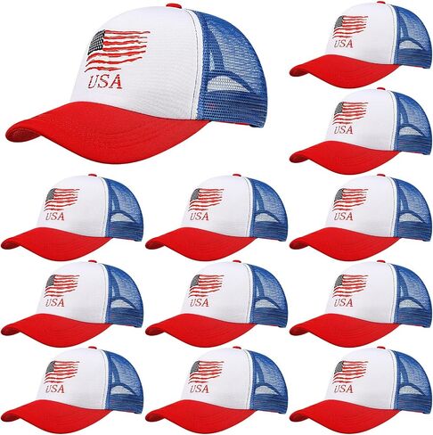 12 Pcs Patriotic American Flag Hat 4th of July Baseball Cap Adjustable Trucker Hat Mesh Cotton Cap for Men Women in Saudi Arabia