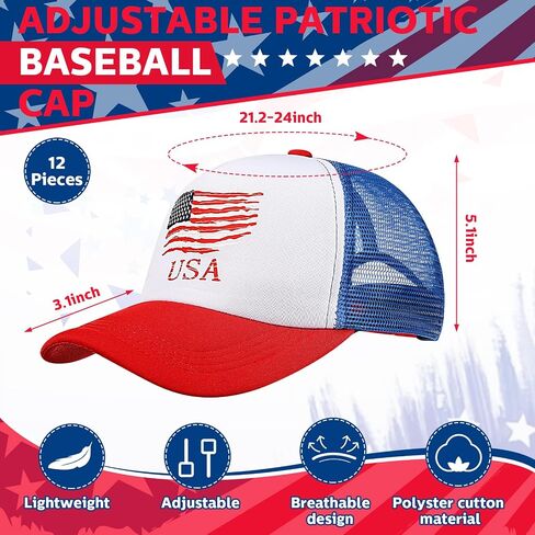 12 Pcs Patriotic American Flag Hat 4th of July Baseball Cap Adjustable Trucker Hat Mesh Cotton Cap for Men Women in Saudi Arabia