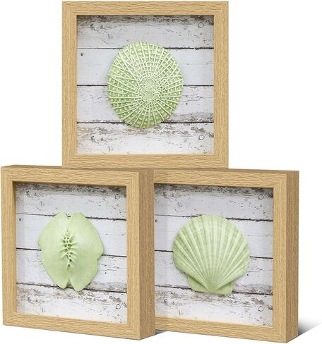Framed 3D Beach Decor Wall Art - White Resinous Seashell, Seastar and Sand Dollar on Rustical Board for Beach House, Ocean Theme Coastal Bathroom Wall Decor 7.8" x 7.8" x 3 Panel in Kuwait