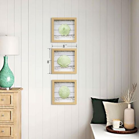 Framed 3D Beach Decor Wall Art - White Resinous Seashell, Seastar and Sand Dollar on Rustical Board for Beach House, Ocean Theme Coastal Bathroom Wall Decor 7.8" x 7.8" x 3 Panel in Kuwait