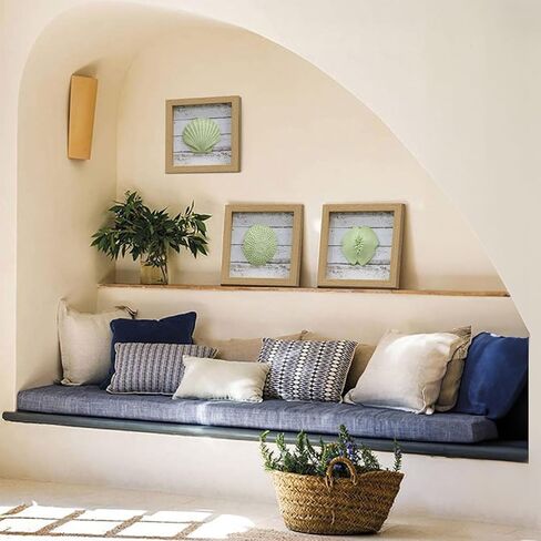 Framed 3D Beach Decor Wall Art - White Resinous Seashell, Seastar and Sand Dollar on Rustical Board for Beach House, Ocean Theme Coastal Bathroom Wall Decor 7.8" x 7.8" x 3 Panel in Kuwait