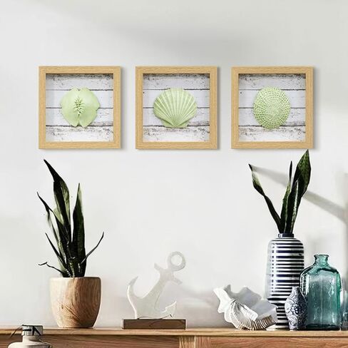 Framed 3D Beach Decor Wall Art - White Resinous Seashell, Seastar and Sand Dollar on Rustical Board for Beach House, Ocean Theme Coastal Bathroom Wall Decor 7.8" x 7.8" x 3 Panel in Kuwait