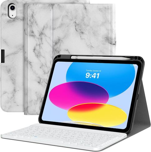 حافظة لوحة مفاتيح MoKo لجهاز iPad الجيل العاشر مع لوحة مفاتيح، ولوحة مفاتيح iPad الجيل العاشر مع حامل أقلام، ولوحة مفاتيح بلوتوث متعددة الزوايا قابلة للفصل لجهاز iPad الجيل العاشر، أبيض in Kuwait