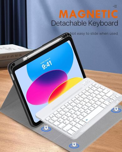 حافظة لوحة مفاتيح MoKo لجهاز iPad الجيل العاشر مع لوحة مفاتيح، ولوحة مفاتيح iPad الجيل العاشر مع حامل أقلام، ولوحة مفاتيح بلوتوث متعددة الزوايا قابلة للفصل لجهاز iPad الجيل العاشر، أبيض in Kuwait