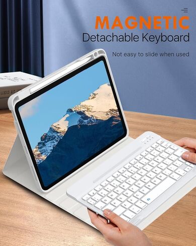 حافظة لوحة مفاتيح MoKo لجهاز iPad الجيل العاشر مع لوحة مفاتيح، ولوحة مفاتيح iPad الجيل العاشر مع حامل أقلام، ولوحة مفاتيح بلوتوث متعددة الزوايا قابلة للفصل لجهاز iPad الجيل العاشر، أبيض in Kuwait