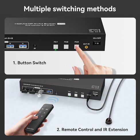 HDMI+Displayport KVM Switch 2 شاشات 3 أجهزة كمبيوتر 4K@60 هرتز KVM Switch شاشة مزدوجة DP KVM Swtiches لـ 3 أجهزة كمبيوتر تشارك شاشتين و4 أجهزة USB 3.0 مع جهاز تحكم عن بعد بالأشعة تحت الحمراء in Kuwait