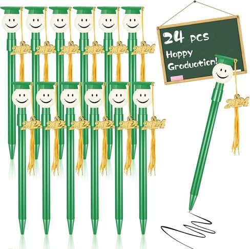 24 قطعة من أقلام التخرج، قلم حبر جاف مع شرابات، أقلام تخرج مستديرة الشكل مع شرابة معدنية 2024، هدايا حفلات التخرج، قلم كرة دوارة أسود 0.7 مم (أسود) in Kuwait