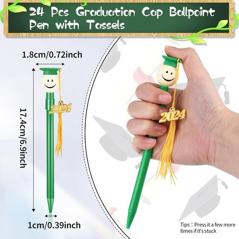 24 قطعة من أقلام التخرج، قلم حبر جاف مع شرابات، أقلام تخرج مستديرة الشكل مع شرابة معدنية 2024، هدايا حفلات التخرج، قلم كرة دوارة أسود 0.7 مم (أسود) in Kuwait