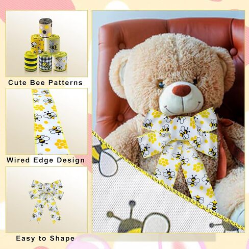 Bee Ribbons 6 Rolls Bumble Bee Ribbon Wired Bees Crafts 2.5 Inch 40 Yards Spring Summer Ribbon Yellow Stripe Gingham Dot Honey Bee Ribbon for Wrapping Bows Gift DIY Crafts Sewing Ornaments in Saudi Arabia